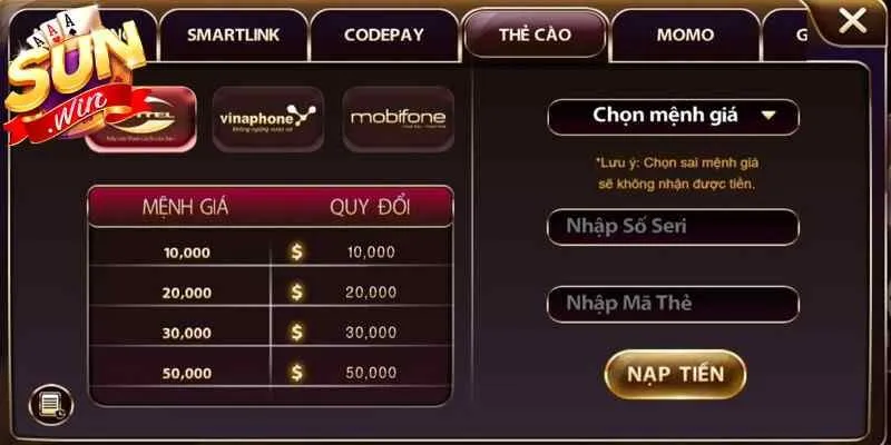Quy trình nạp tiền Sunwin dành cho tân thủ